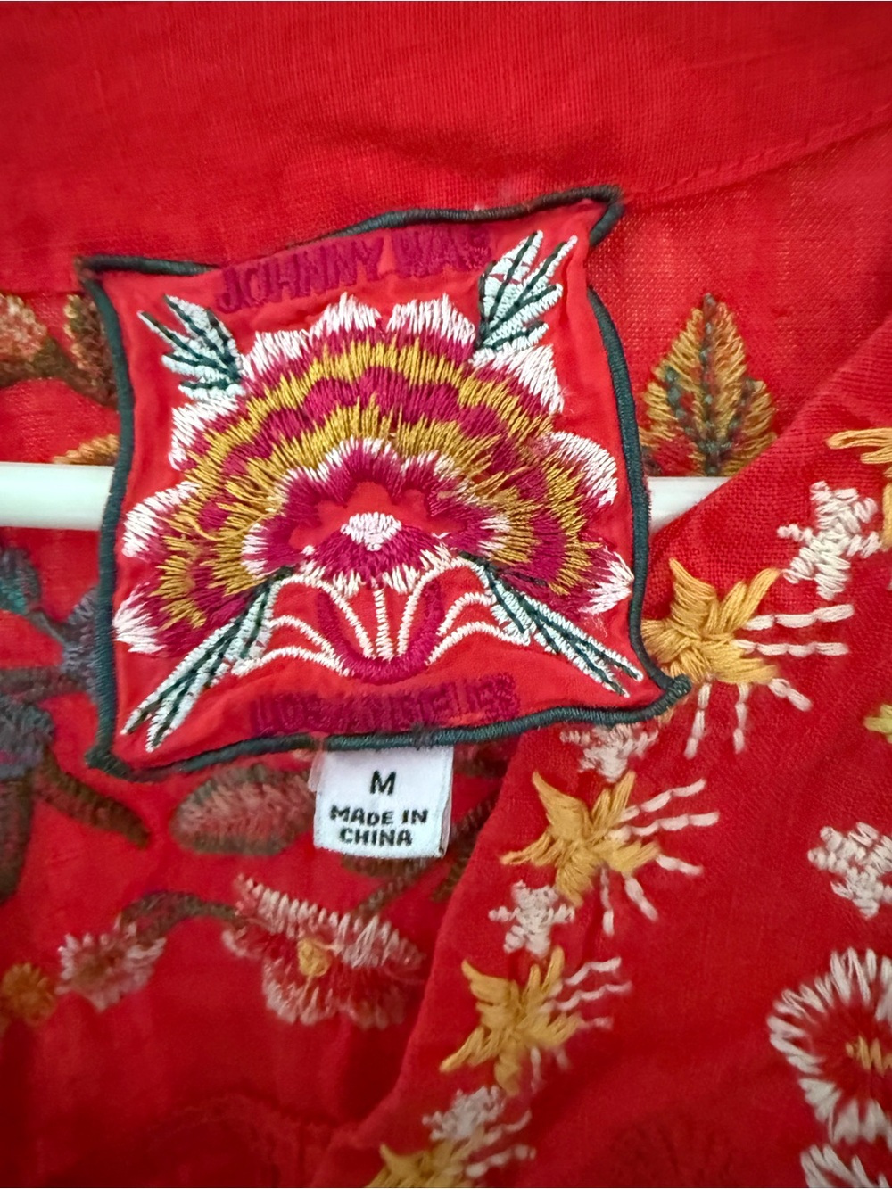 Johnny Was Cotton Embroidered V-Neck Red Peasant Top - Picture 4 of 8